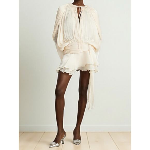 NWT Miss Rosier Eugénie Neutral Fully Pleated Ruffled Mini Dress – Size Large - Picture 1 of 8